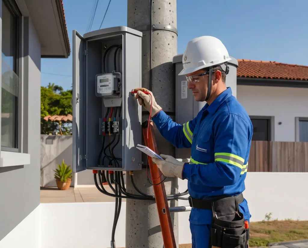 Um eletricista profissional mexendo num poste padrão em mairiporã usando capacete de segurança e uniforme padrão, inspecionando uma caixa de medidor de energia elétrica em um poste de luz de concreto residencial. Dia ensolarado, cenário de rua de subúrbio. A imagem transmite segurança, expertise e confiança técnica.